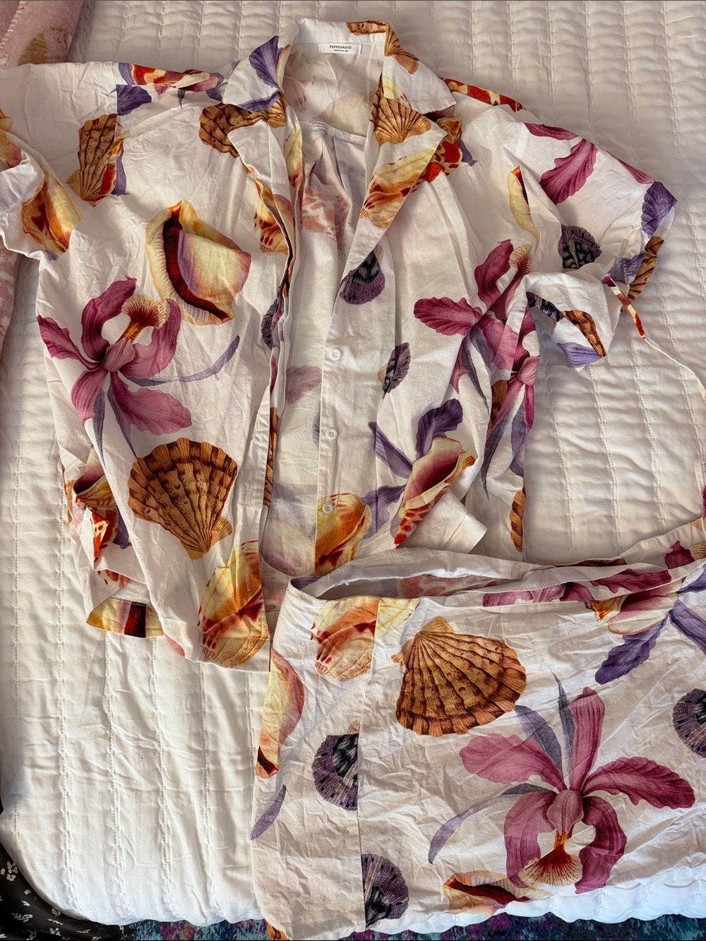 Peppermayo White Floral & Shell Print Short Sleeve Button Top